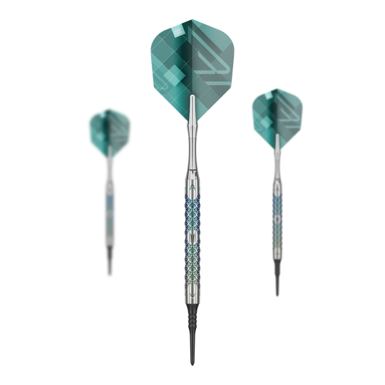 Dardos blandos Target Rove 10 Das Bild zeigt drei Softdarts des Modells "Target Rove 10" mit silbernen Schäften und grünen Flights. Die Darts sind elegant gestaltet und stehen vor einem schwarzen Hintergrund.