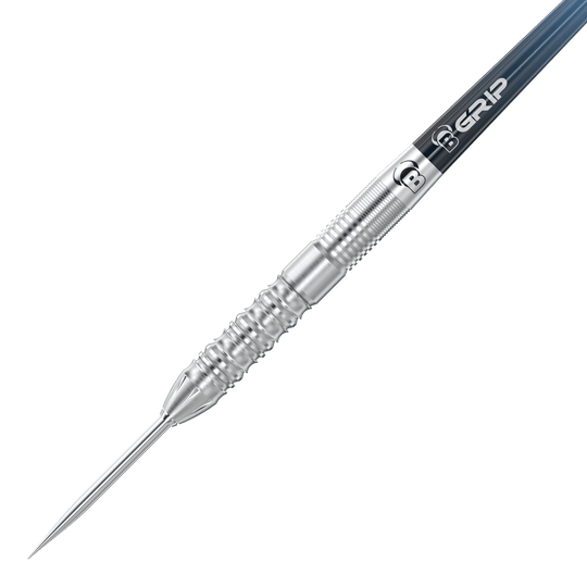 Dardos de acero Bulls Stone S2 Das Bild zeigt einen Bulls Stone S2 Steeldart. Der Dart besteht aus silbernem Metall mit einer geriffelten Griffzone für besseren Halt.