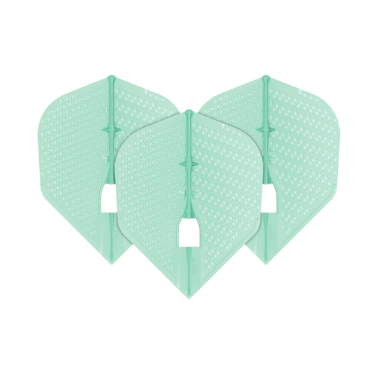 Das Bild zeigt drei mintgrüne Dart-Flights mit einer Dimple-Oberfläche. Sie haben die charakteristische Form des L-Style Flights Dimple Champagne L3PRO Shape.