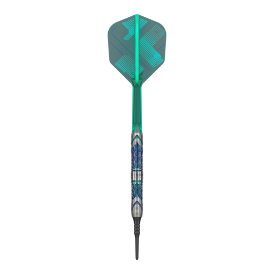 Dardos blandos Target Japan Kaze Series Ceros 03 - 19 g Das Bild zeigt einen Target Japan Kaze Series Ceros 03 Softdart mit einem Gewicht von 19 Gramm. Der Dart hat ein auffälliges Design mit blauen und silbernen Mustern sowie einer grünen Flight.