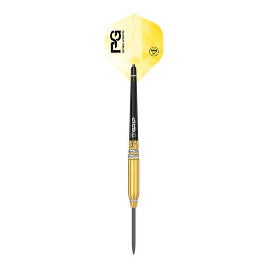Bulls Patrick Geeraets Dardos de acero - 23g Das Bild zeigt einen Steeldart namens "Bulls Patrick Geeraets Steeldarts - 23g". Der Dartpfeil hat eine goldene Barrel, einen schwarzen Schaft und ein gelb-weißes Flight mit Logo.
