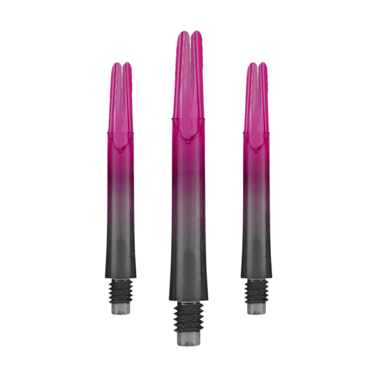 Cañas L-L-Style-Shaft Locked Straight Natural9 TwoTone - Rosa Das Bild zeigt drei pink-schwarze Dartschäfte in gerader Form. Sie stehen aufrecht nebeneinander und haben Gewinde am unteren Ende.