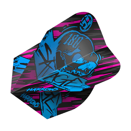 Plumas Savage Aqua Pink No6 de Harrow's Das Bild zeigt das Produkt "Harrows Savage Aqua Pink No6 Flights". Das Design ist auffällig mit schwarzen, pinken und blauen Farben sowie einem Totenkopf-Motiv.