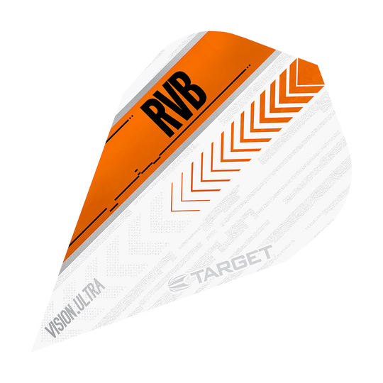 TG59_332040_Target_Vision_Ultra_RvB_Orange_Vapor_Flights_1pgcH20JL8fFOo Das Bild zeigt ein Dartflight mit dem Namen "Target Vision Ultra RvB Orange Vapor Flights". Das Design ist überwiegend weiß mit orangen und schwarzen Akzenten sowie der Aufschrift "RVB".
