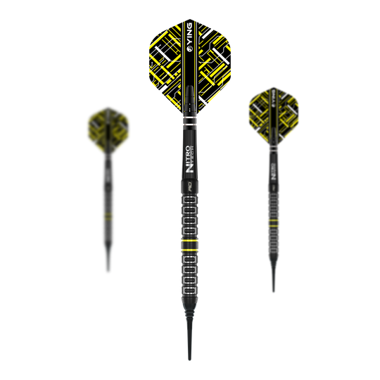 Dardos blandos paralelos Red Dragon Astraeus Q4X - 20 g Das Bild zeigt drei Softdarts des Modells "Red Dragon Astraeus Q4X Parallel" mit einem Gewicht von 20g. Die Darts haben ein auffälliges schwarz-gelbes Design mit geometrischem Muster auf den Flights.