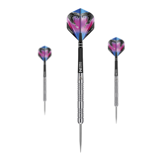 Dardos de acero Red Dragon Peter Wright Snakebite Euro 11 Das Bild zeigt drei Steeldarts des Modells "Red Dragon Peter Wright Snakebite Euro 11". Die Flights der Darts sind farbenfroh gestaltet und zeigen zwei Schlangen.