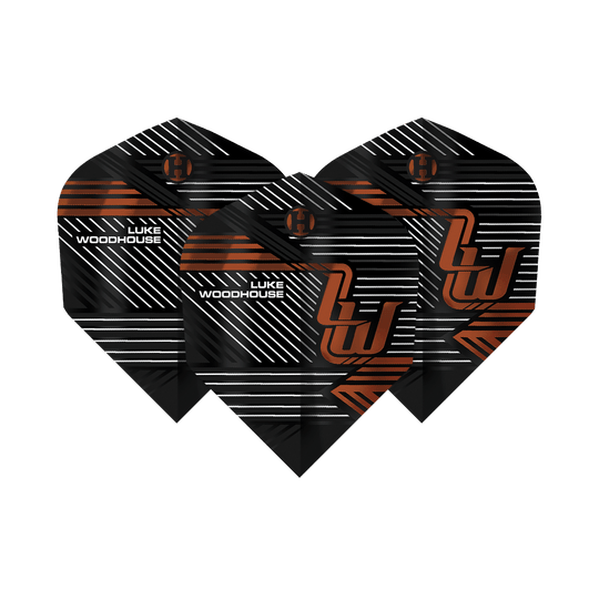 Vuelos de la serie 2 de Luke Woodhouse de Harrow Das Bild zeigt die Harrows Luke Woodhouse Series 2 Flights. Die Flights sind überwiegend schwarz mit weißen und orangefarbenen Linien sowie dem Namen "Luke Woodhouse" aufgedruckt.