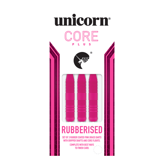 Dardos de acero de goma rosa Unicorn Core Plus Das Bild zeigt eine Packung mit drei pinken, gummierten Steeldarts der Marke Unicorn Core Plus. Die Darts haben geriffelte Griffe und werden in einer weiß-pinken Verpackung präsentiert.