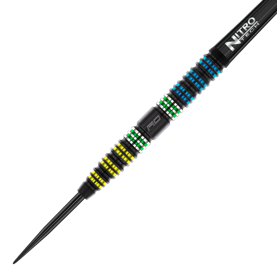 Dardos Red Dragon Dragonfly 95 de acero cónico negro Das Bild zeigt den Red Dragon Dragonfly 95 Black Tapered Steeldart. Der Dart hat farbige Ringe in Gelb, Grün und Blau sowie einen schwarzen Schaft mit der Aufschrift "Nitro Tech".