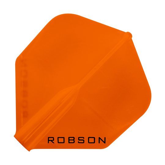 Plumas Robson Plus - Estándar Das Bild zeigt ein orangefarbenes Dartflight mit der Aufschrift "ROBSON". Das Flight hat eine klassische, standardmäßige Form.