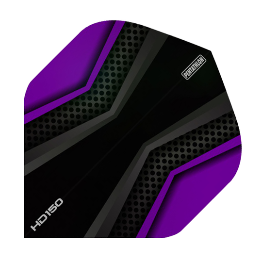 HD2029-Pentathlon-HD150-Black-Purple Das Bild zeigt ein Dartflight mit einem schwarzen und lila Design. Auf dem Flight stehen die Aufschriften "HD150" und "PENTATHLON".