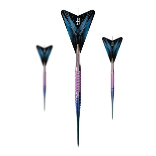 Dardos de acero arcoíris de titanio T3 Caliburn TTD Complete - 7 g Caliburn TTD Complete Titanium T3 Rainbow Steeldarts - 7g. Gezeigt wird ein Set aus bunten Steeldartpfeilen aus Titan.