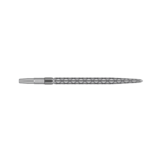 Puntas de dardo Target Swiss Diamond Pro Silver Points Das Bild zeigt eine silberne Dartspitze mit einem Rautenmuster entlang des Schafts. Die Spitze ist gerade und hat feine Gravuren zur besseren Griffigkeit.