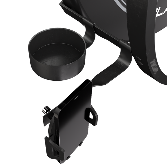 Juego de accesorios de plasma Winmau Das Bild zeigt das Winmau Plasma Zubehör Set mit einem Handyhalter und einem Becherhalter. Beide Halterungen sind an einem runden Rahmen befestigt.