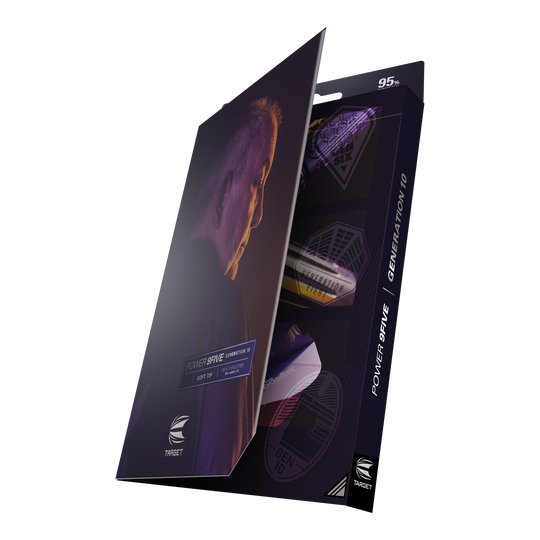 Dardos blandos Target Phil Taylor Power 9Five GEN10 Die Abbildung zeigt die Verpackung der "Target Phil Taylor Power 9Five GEN10 Softdarts". Auf der Vorderseite ist ein Porträtfoto sowie der Produktname zu sehen.
