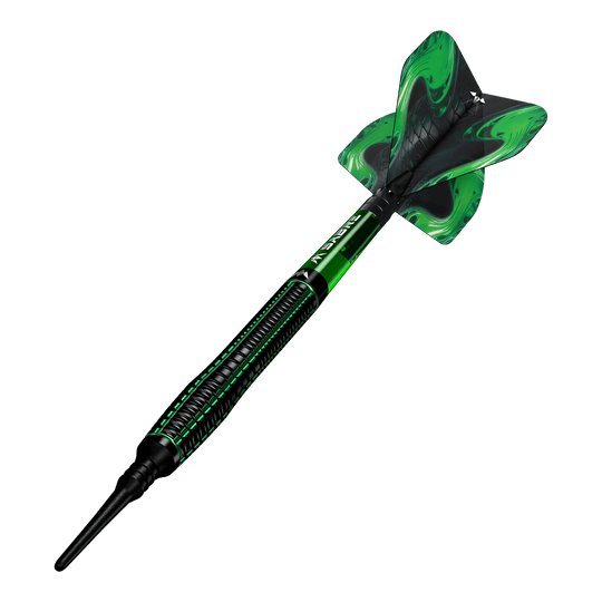 Dardos blandos Mission Venom - 20 g Das Bild zeigt einen Mission Venom Softdart mit einem Gewicht von 20g. Der Dart ist schwarz und grün gestaltet und hat ein auffälliges Design am Flight.