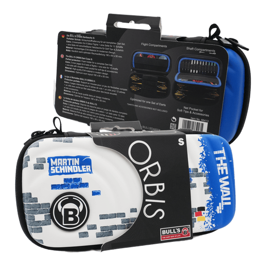 Estuche para dardos Bulls Orbis S Martin Schindler Das Bild zeigt das Produkt "Bulls Orbis S Martin Schindler Dartcase" in einer Verpackung. Das Dartcase ist bunt gestaltet und trägt den Namen "Martin Schindler" sowie "The Wall".