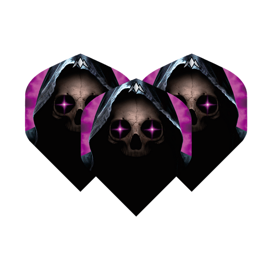 Das Bild zeigt drei Dart-Flights mit einem Totenkopf in einer dunklen Kapuze und leuchtenden lila Augen. Der Hintergrund ist schwarz mit lila Akzenten.