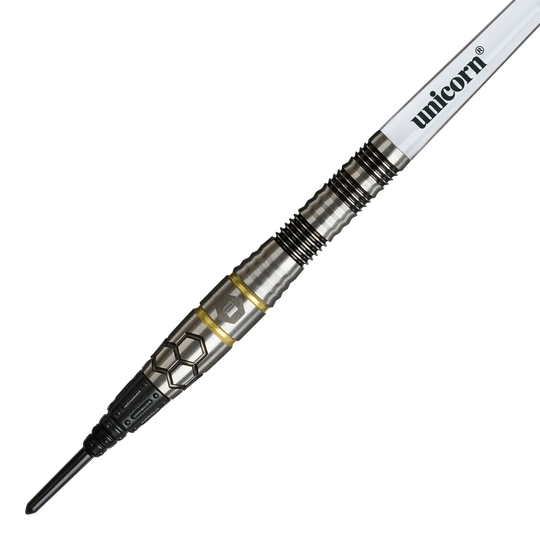 Dardos blandos Unicorn Hexium Style 01 negros y dorados - 22 g Unicorn Hexium Style 01 Black & Gold Softdarts - 22g ist ein eleganter Softdart in Schwarz und Gold. Das Produkt eignet sich ideal für Präzisionswürfe beim Dartspiel.