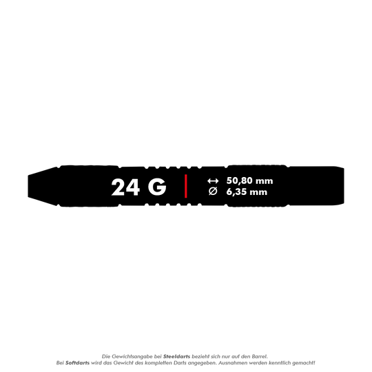 Dardos de acero Red Dragon Amberjack 5 - 24 g Das Bild zeigt die Produktinformationen der Red Dragon Amberjack 5 Steeldarts mit einem Gewicht von 24 Gramm. Die Maße des Barrels sind 50,80 mm Länge und 6,35 mm Durchmesser.