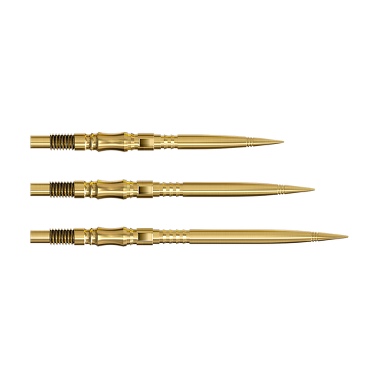 Die Harrows Quick Point Axis Elite Series Dartspitzen in Gold sind auf dem Bild zu sehen. Mehrere goldene Dartspitzen liegen nebeneinander.