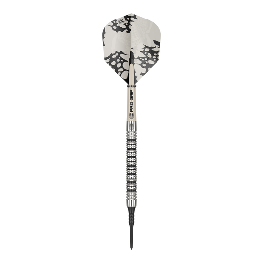 Dardos blandos Target EXO 11 Dies ist ein Softdart des Modells "Target EXO 11". Er hat ein silbernes Barrel mit Rillen und ein Flight mit schwarz-weißem Muster.
