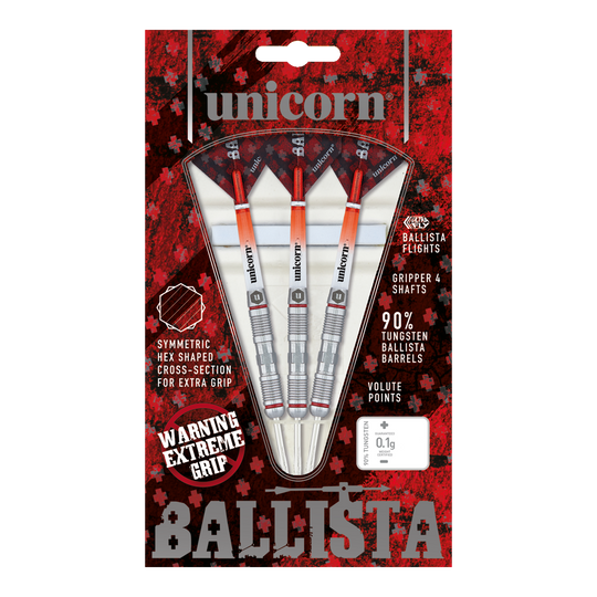 Dardos de acero estilo Ballista Unicorn 2 Das Bild zeigt eine Packung "Unicorn Ballista Style 2 Steeldarts" mit drei Darts. Die Verpackung hebt den extremen Grip und den 90%igen Tungsten-Anteil der Barrels hervor.