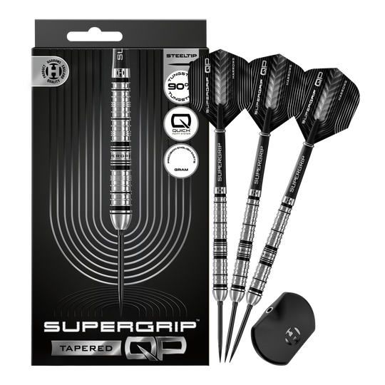 Dardos de acero de punta rápida cónica Supergrip de Harrows Abgebildet sind die Harrows Supergrip QP Tapered Quick Point Steeldarts. Es handelt sich um hochwertige Steeldarts für präzises Dartspiel.