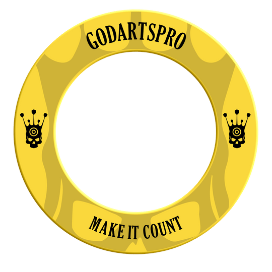 Borde para diana Go Darts Pro Ein gelber Dartboard-Surround ist auf dem Bild zu sehen. Die Aufnahme zeigt das Produkt in Nahaufnahme zur besseren Ansicht.