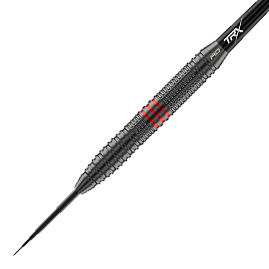 Dardos de acero Red Dragon Jonny Clayton Core Brass - 21 g Hier ist ein Red Dragon Jonny Clayton Core Brass Steeldart - 21g aus einer anderen Perspektive zu sehen. Zu erkennen sind die goldenen und silbernen Details sowie ein roter und schwarzer Flight.