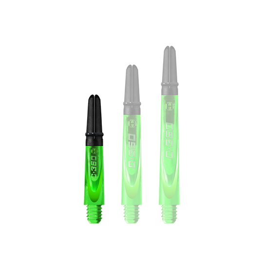 HR452_Harrows_Carbon_360_Shafts_Gr-n_35mm_1 Auf dem Bild sind drei grüne Dartschafts mit schwarzem oberen Ende zu sehen. Die Schäfte sind unterschiedlich lang und haben die Aufschrift „C-360“.