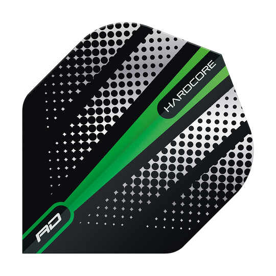 TF6508_Red_Dragon_Hardcore_Radical_Green_Flash_Standard_Flights_1IWHH3BZoInHo6 Das Bild zeigt ein Dartflight mit einem modernen Design in Schwarz, Grün und Silber. Auf dem Flight stehen die Wörter „HARDCORE“ und „RD“.
