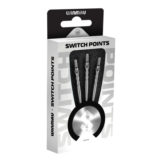 Puntas de dardos de acero Winmau Switch Point Groove - Efecto plateado Das Bild zeigt Winmau Switch Point Groove Steeldartspitzen im Silver Effect. Die Dartspitzen besitzen Rillen und eine silberne Oberfläche.