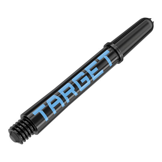 Dies ist ein schwarzer Dart-Schaft mit blauer Schrift. Auf dem Schaft steht das Wort "TARGET".