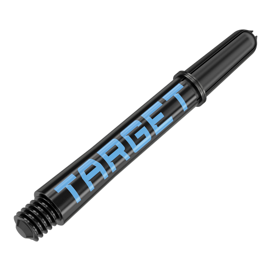 Varillas Target Pro Grip TAG - 3 juegos - Negro y azul Dies ist ein schwarzer Dart-Schaft mit blauer Schrift. Auf dem Schaft steht das Wort "TARGET".