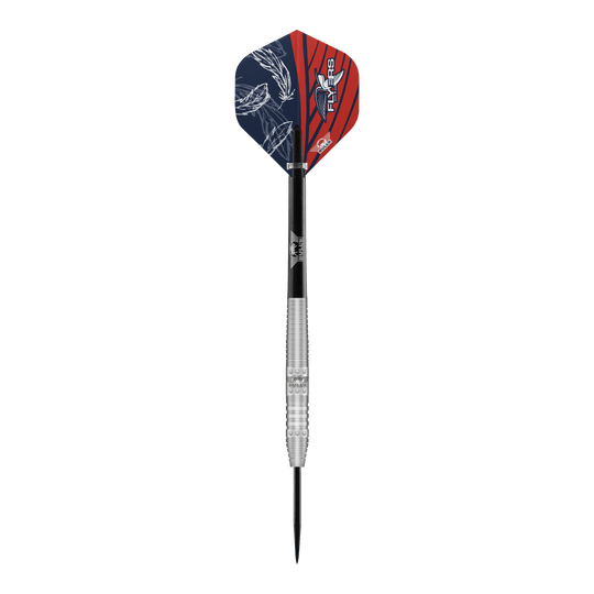 Bulls NL Richard Veenstra 80 dardos de acero - 23g Das Bild zeigt einen Steeldartpfeil namens "Bulls NL Richard Veenstra 80 Steeldarts - 23g". Der Dart hat eine silberne, gerillte Spitze und bunte Flights in Blau und Rot mit weißen Mustern.