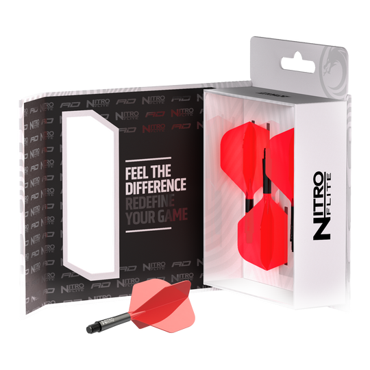 Zu sehen ist Red Dragon Nitroflite - Black Shaft Red No2 Flights. Die Dart-Flights zeigen ein Design in Schwarz und Rot.