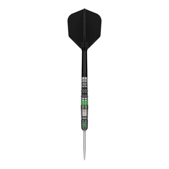 Dardos de acero Target Japan Black Marque Lightning 3 SP Das Bild zeigt einen Target Japan Black Marque Lightning 3 SP Steeldart. Der Dartpfeil hat ein schwarzes Flight und Details in Silber und Grün am Schaft.