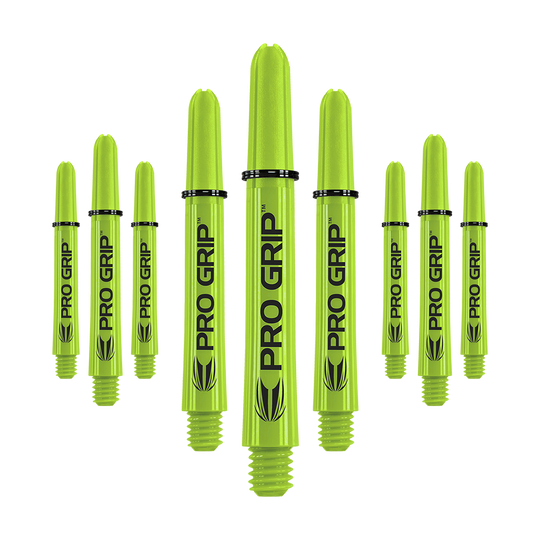 Auf dem Bild sind neun limegrüne Dart-Schäfte mit der Aufschrift "PRO GRIP" zu sehen. Sie stehen aufrecht und sind gleichmäßig angeordnet.