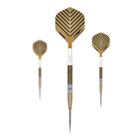 Hier sieht man das Winmau Daryl Gurney Signature Edition Steeldarts - 23g Set. Es eignet sich ideal für Turniere oder das Training zuhause.