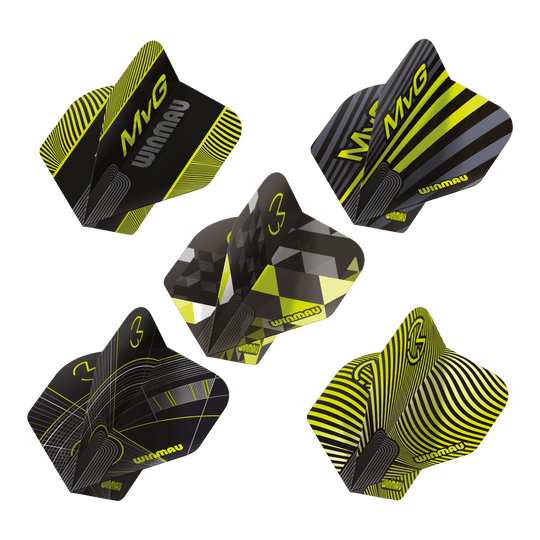 Colección de vuelo estándar Winmau Michael Van Gerwen Prism No2 Das Bild präsentiert die Winmau Michael Van Gerwen Prism No2 Standard Flight Collection. Es handelt sich um eine Auswahl an Dart Flights.