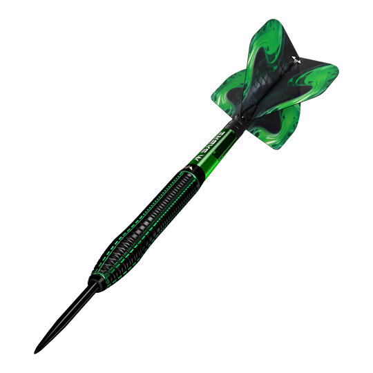 dardos de acero Mission Venom Das Bild zeigt einen Mission Venom Steeldart mit schwarzem und grünem Design. Die Flights sind ebenfalls grün mit einem geschwungenen Muster.