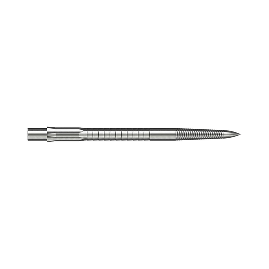 Die Abbildung zeigt eine Caliburn Evo System Steeldartspitze Micro Grip in Silber mit 36 mm Länge. Die Spitze ist detailliert und auf weißem Hintergrund dargestellt.
