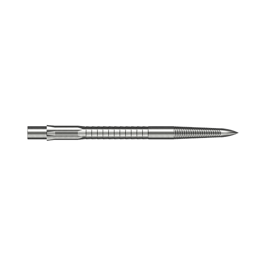 Puntas de dardo de acero Caliburn System - Micro Grip - Plateadas Die Abbildung zeigt eine Caliburn Evo System Steeldartspitze Micro Grip in Silber mit 36 mm Länge. Die Spitze ist detailliert und auf weißem Hintergrund dargestellt.