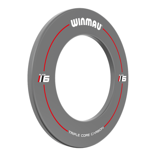 Das Bild zeigt das Produkt "Winmau Blade 6 Design Dartboard Surround" in Grau. Der Dartboard-Surround ist rund, hat rote Akzente und weißen Text.