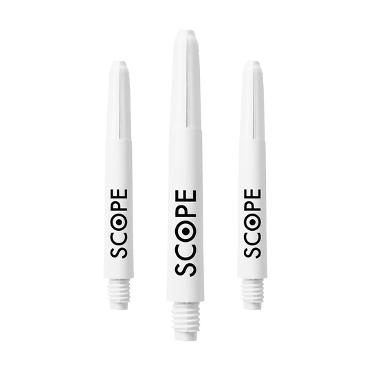 526_McDart_Scope_Nylon_Shafts_Weiss_41mm_1PKEltwui3ubyw Das Bild zeigt drei weiße McDart Scope Nylon Shafts. Auf jedem Shaft steht das Wort "SCOPE" in schwarzer Schrift.