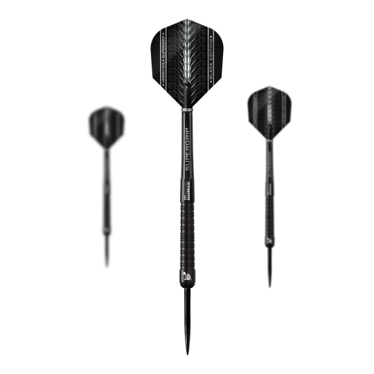 Dardos de acero Harrows Supergrip Black Edition Das Bild zeigt drei schwarze Steeldarts der Marke Harrows Supergrip Black-Edition. Die Darts haben ein elegantes Design mit silbernen und schwarzen Akzenten.