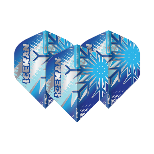 Red Dragon Gerwyn Price Blue Flake No2 Vuelos Estándar Das Bild zeigt drei blaue Dart-Flights mit Eiskristall-Muster und dem Schriftzug "ICEMAN". Die Flights sind das Produkt "Red Dragon Gerwyn Price Blue Flake No2 Standard Flights".