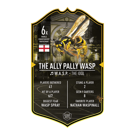 Carta de dardos definitiva: La avispa del paladín aliado Ultimate Darts Card - The Ally Pally Wasp. Diese Karte präsentiert das Motiv The Ally Pally Wasp aus der Ultimate Darts Card Serie.
