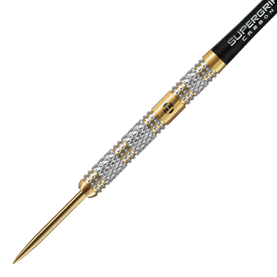 Dardos de acero Magnum edición aniversario de Harrows Das Bild zeigt einen Harrows Anniversary Edition Magnum Steeldart. Der Dartpfeil hat ein silber-goldenes Design mit einer schwarzen Spitze am hinteren Teil.